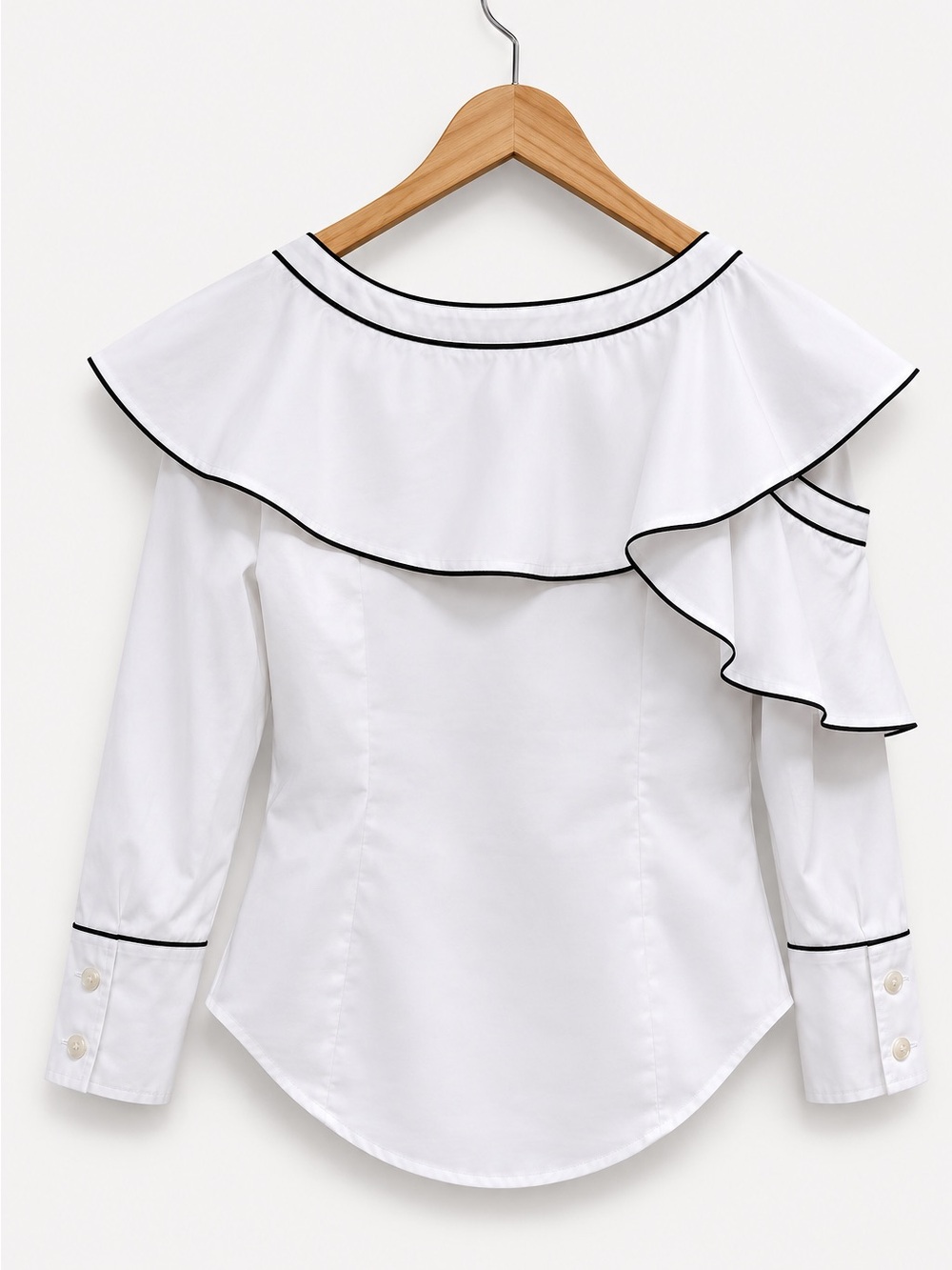 Self-Portrait White Button-Down Ruffle Shirt with Black Trim - Picture 5 of 10